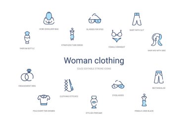Kadın giyimi konsepti 14 renkli taslak simgeleri. 2 renk mavi s