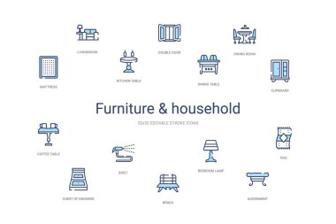 Mobilya ve ev konsepti 14 renkli taslak simgeleri. 2 renk