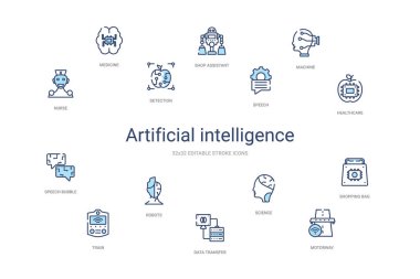 Yapay zeka konsepti 14 renkli taslak simgesi. 2 sütun