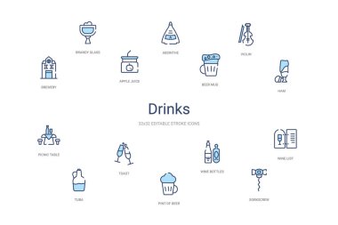 İçki konsepti 14 renkli taslak simgeleri. 2 renk mavi kulaç