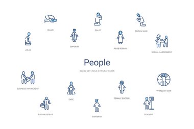 İnsanlar konsept 14 renkli taslak simgeleri. 2 renk mavi kulaç