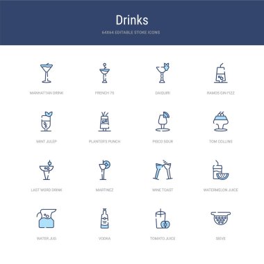 Kevgir, domates suyu, votka gibi 16 vektör vuruşu simgesi