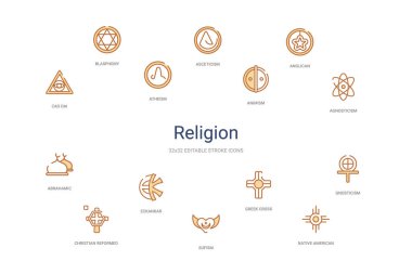 religion concept 14 colorful outline icons. 2 color blue stroke  clipart