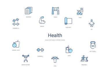 health concept 14 colorful outline icons. 2 color blue stroke ic clipart