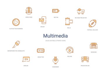 Çoklu ortam konsepti 14 renkli taslak simgeleri. 2 renk mavi vuruş