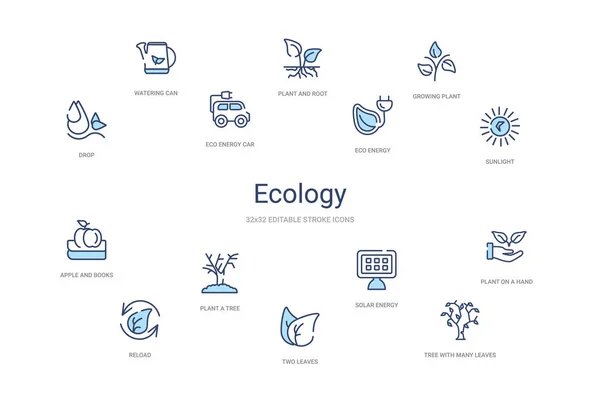 Ökológia koncepció 14 színes vázlat ikonok. 2 szín kék stroke i — Stock Vector