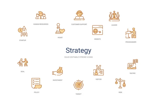 Strategický koncept 14 barevných osnovních ikon. 2 barevný modrý tah — Stockový vektor