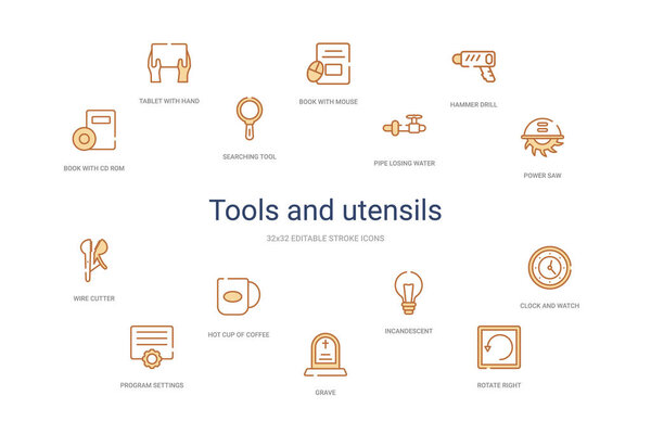 Концепция инструментов и посуды 14 красочных значков контуров. 2 цвета

