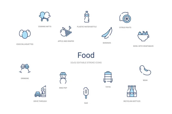 Conceito de comida 14 ícones esboço colorido. ícone de curso azul de 2 cores —  Vetores de Stock