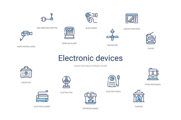 Concepto de dispositivos electrónicos 14 iconos de contorno de colores. 2 colores bl — Vector de stock