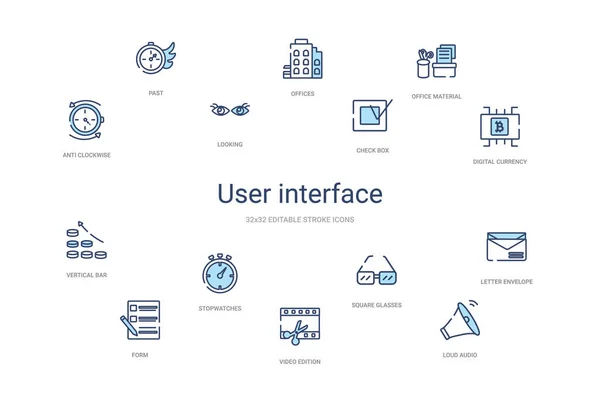 Концепция пользовательского интерфейса 14 красочных значков контуров. 2 цвета синий S — стоковый вектор