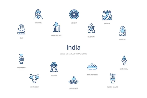 India concept 14 colorful outline icons. 2 цветных синих штриха — стоковый вектор