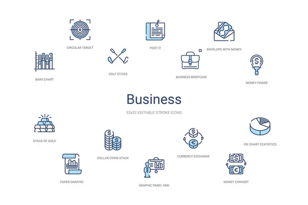 Business concept 14 kleurrijke schets pictogrammen. 2 kleuren blauwe streep — Stockvector