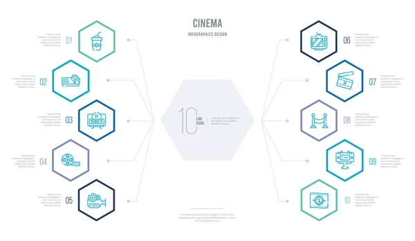 Concepto de cine negocio infografía diseño con 10 optio hexágono — Vector de stock