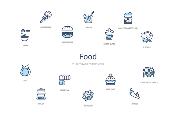Pojetí potravin 14 barevné obrysové ikony. 2 barevná modrá ikona tahu — Stockový vektor