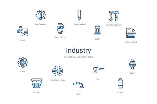 Industry concept 14 colorful outline icons. 2 color blue stroke — 스톡 벡터