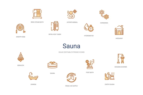 Sauna concept 14 colorful outline icons. 2 color blue stroke ico — Stock Vector