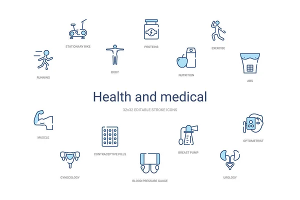Salud y concepto médico 14 iconos de contorno de colores. 2 colores bl — Archivo Imágenes Vectoriales