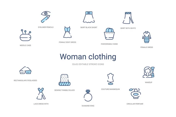 Concept de vêtements femme 14 icônes contour coloré. 2 couleur bleu s — Image vectorielle