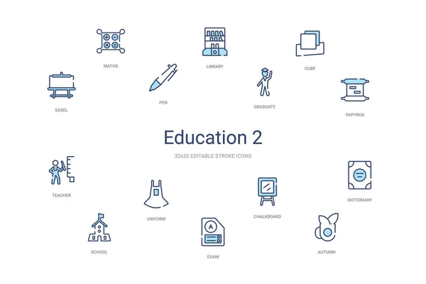 Eğitim 2 konsepti 14 renkli taslak simgeleri. 2 renk mavi stro — Stok Vektör