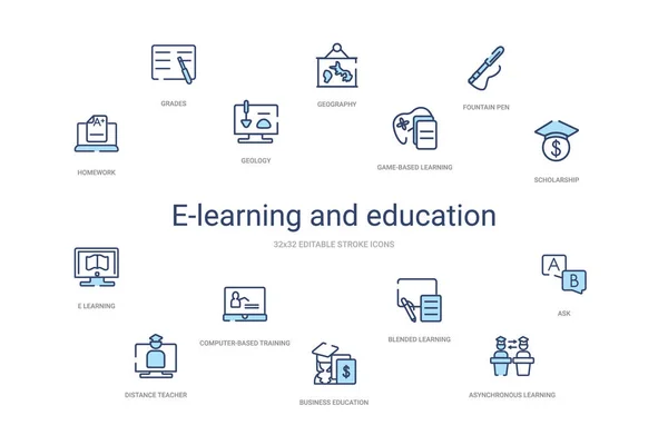 E-learning a vzdělávání koncept 14 barevné obrysové ikony. 2 co — Stockový vektor