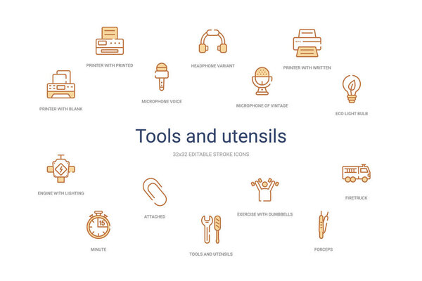 Концепция инструментов и посуды 14 красочных значков контуров. 2 цвета
