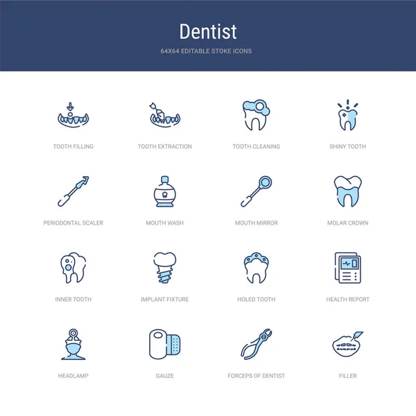 Conjunto de 16 ícones de curso vetorial, como enchimento, fórceps de dentista — Vetor de Stock