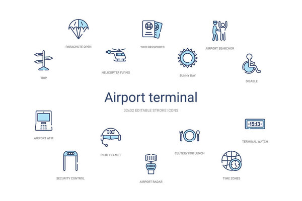 Концепция терминала аэропорта 14 красочных иконок. 2 цвет синий

