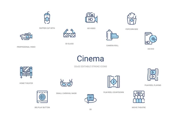 Bioscoop concept 14 kleurrijke schets pictogrammen. 2 kleuren blauw streep ic — Stockvector