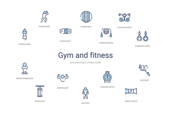 Gym and fitness concept 14 colorful outline icons. 2 color blue — 스톡 벡터
