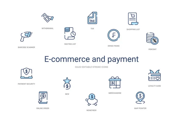 E-commerce et concept de paiement 14 icônes de contour coloré. 2 colo — Image vectorielle