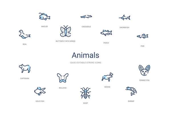 Животные концепция 14 красочные контуры иконки. 2 цвета синий штрих i — стоковый вектор