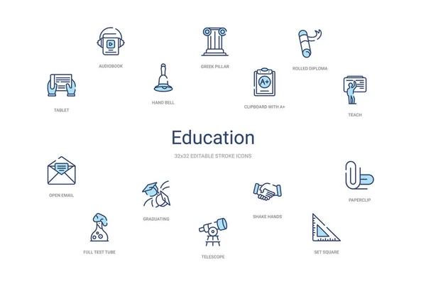 Concepto de educación 14 iconos de contorno de colores. 2 color azul trazo — Vector de stock