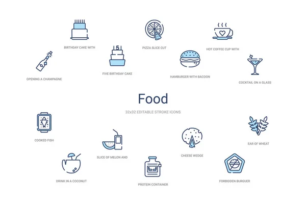 Conceito de comida 14 ícones esboço colorido. ícone de curso azul de 2 cores —  Vetores de Stock