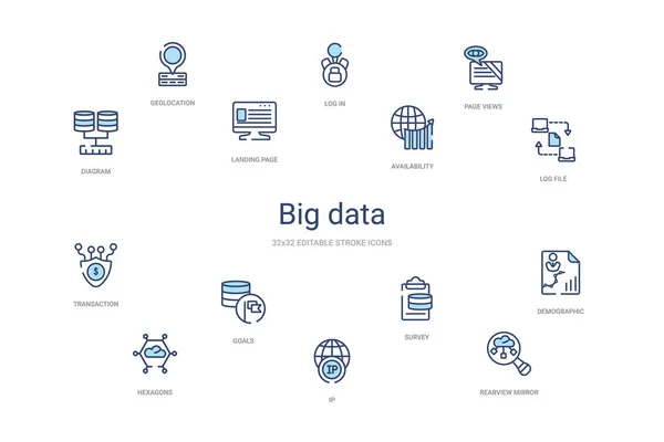Big data concept 14 colorful outline icons. 2 color blue stroke — 스톡 벡터