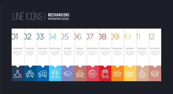 Infografik-Design mit 12 Optionen. Strichlinien-Symbole wie ca — Stockvektor