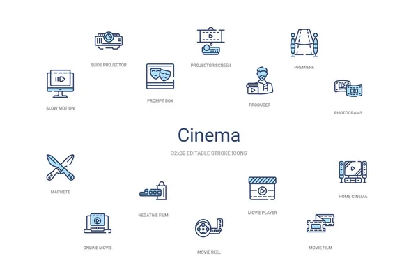 Bioscoop concept 14 kleurrijke schets pictogrammen. 2 kleuren blauw streep ic — Stockvector