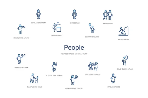 People concept 14 colorful outline icons. 2 color blue stroke ic — 스톡 벡터