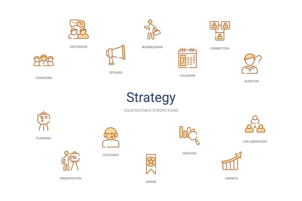 Strategy concept 14 colorful outline icons. 2 color blue stroke — 스톡 벡터