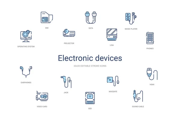 Concepto de dispositivos electrónicos 14 iconos de contorno de colores. 2 colores bl — Archivo Imágenes Vectoriales