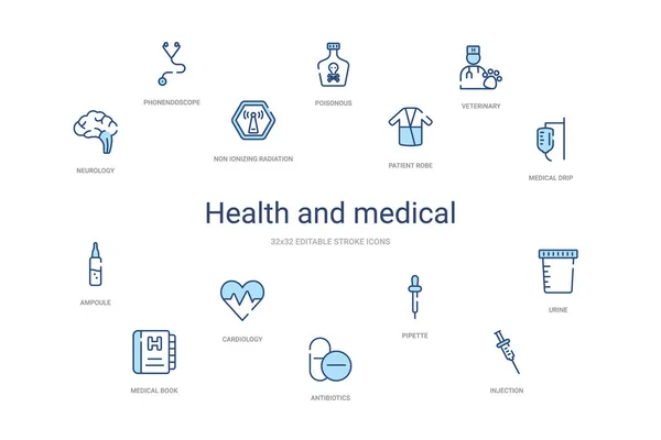 Health and medical concept 14 colorful outline icons. 2 color bl — 스톡 벡터