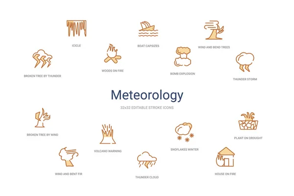 Concepto de meteorología 14 iconos de contorno de colores. 2 color azul stro — Archivo Imágenes Vectoriales