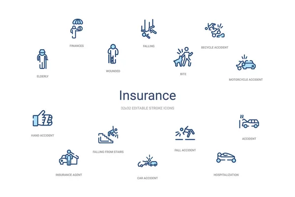 Concepto de seguro 14 iconos de contorno de colores. 2 color azul trazo — Archivo Imágenes Vectoriales
