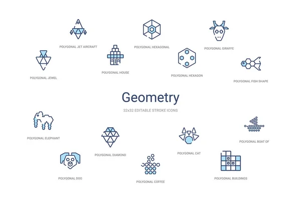 Concepto de geometría 14 iconos de contorno de colores. 2 color azul trazo — Vector de stock
