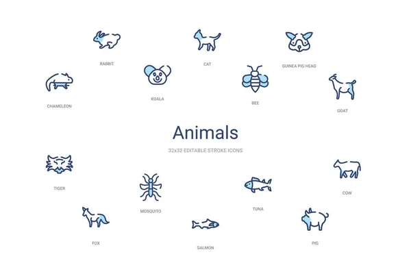 Concetto di animali 14 icone colorate contorno. 2 colore blu ictus i — Vettoriale Stock