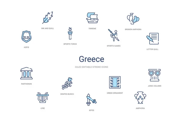 Greece concept 14 colorful outline icons. 2 цветных синих штриха — стоковый вектор