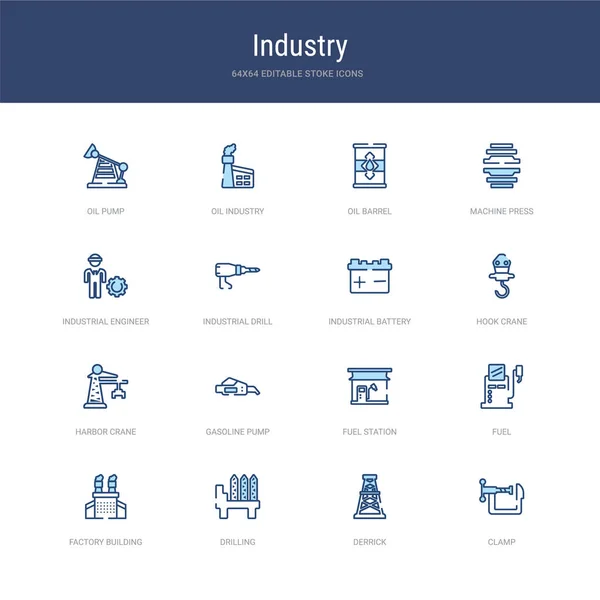 Set of 16 vector stroke icons such as clamp, derrick, drilling, — 스톡 벡터