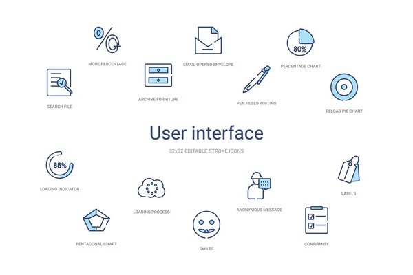 User interface concept 14 colorful outline icons. 2 color blue s — Stock Vector