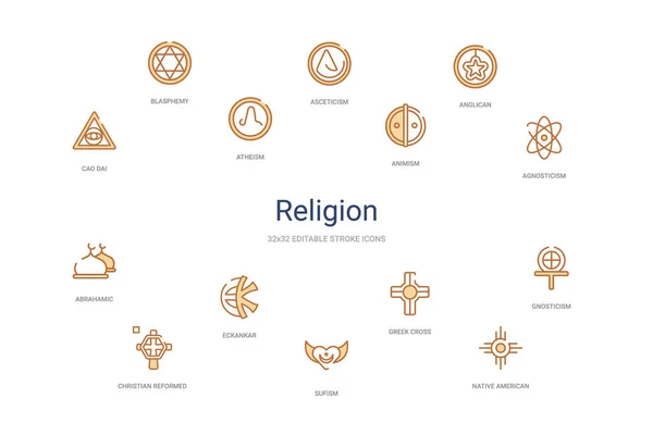 Concepto de religión 14 iconos de contorno de colores. 2 color azul trazo — Vector de stock