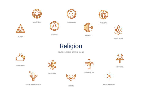 religion concept 14 colorful outline icons. 2 color blue stroke 